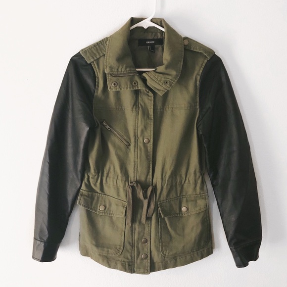 F21 Olive & Leather Utility Jacket - Picture 1 of 4